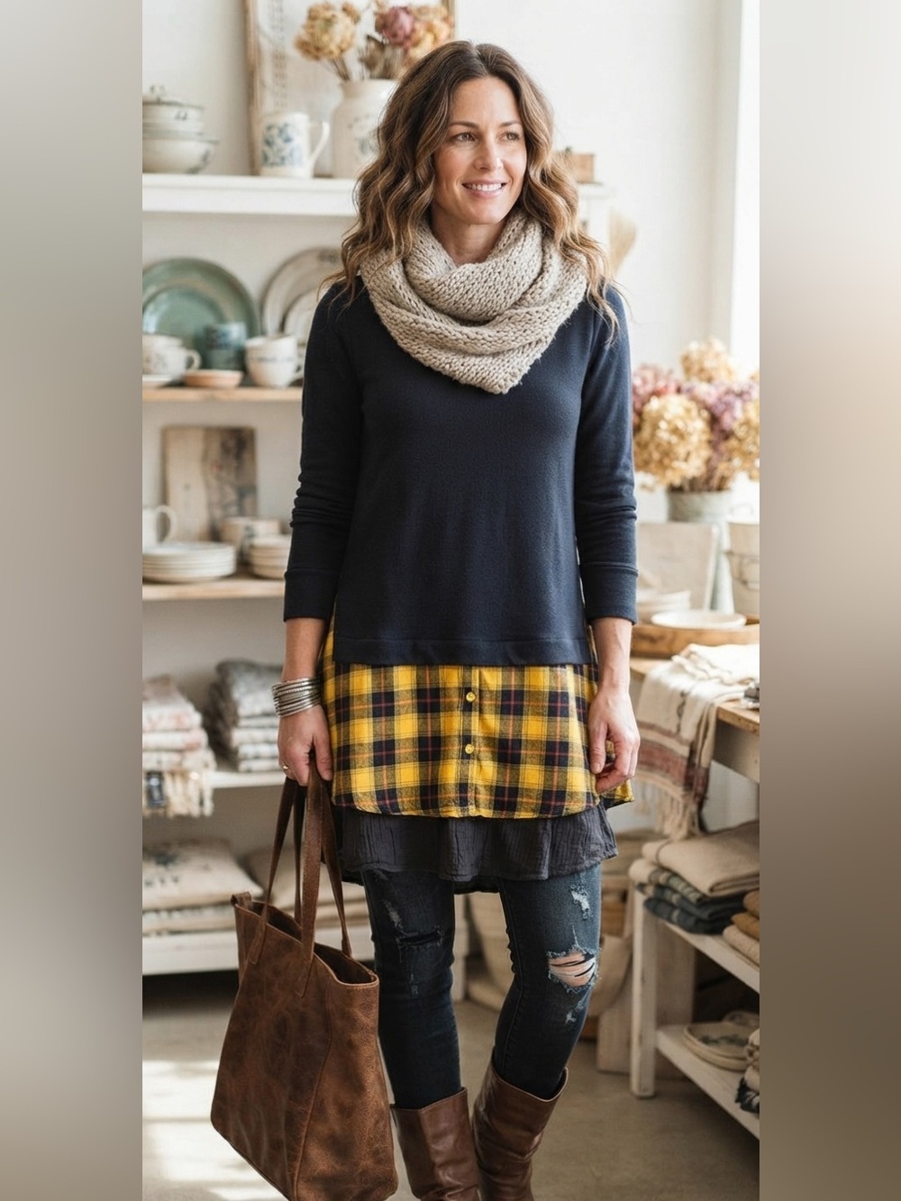 Women's THML Crewneck Sweater Built In Shirttail Sz M Plaid Navy Preppy Classic